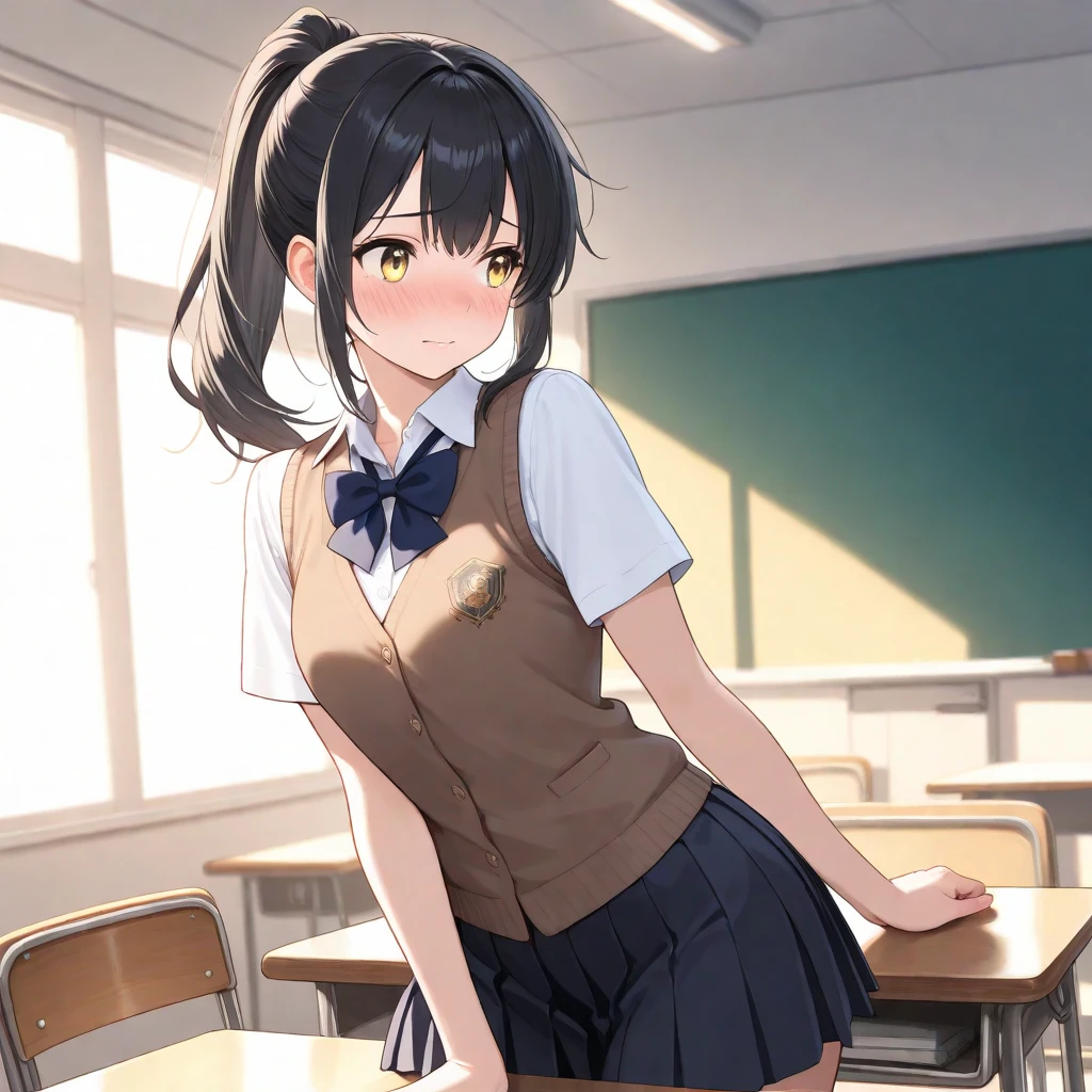 masterpiece, best quality, ultra-detailed, extremely detailed,illustration, 1girl, solo, leaning forward, arms behind back, aanaga, long hair, one side up, hair ornament, hairclip, dark skin, school uniform, loose necktie, blue necktie, cleavage, collared shirt, white shirt, short sleeves, wrist scrunchie, wristwatch, midriff, pleated skirt, blue skirt, thigh strap large breasts, thick thighs, looking at viewer, grin, classroom, sunlight, cowboy shot, <lora:naga_(nikke)_v1:0.8>