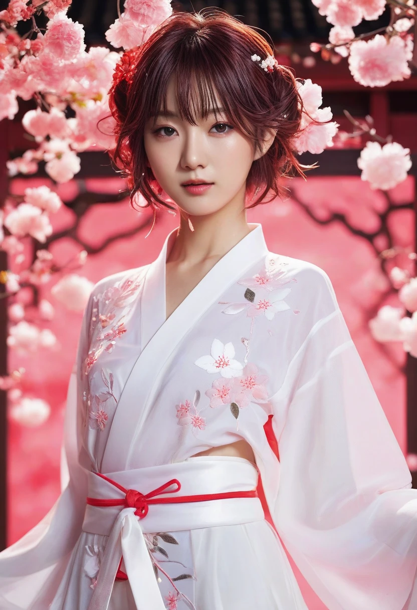 Dazzling carnation petals halation in white red light、I'm dancing while wobbling my hair、Please take a full-body picture of a beautiful Japanese girl wearing a large shirt instead of a dress。costume is based on halation white yellow and lemon yellow, and the base of the {x} costume is embellished with fluorescent light red embroidery that emits red light、The hairstyle is wet short hair and、The hair color is based on light red。Please take a full body picture of a beautiful Japanese girl who looks like she is dancing and、staring at the cameraman while I take off my shirt。creates a sophisticated vibe。It is based on halation white red and red, and、details are sprinkled with halation carnation petals。character, and the base of the、Please create a fantastic atmosphere overall。moreover、 expresses subtlety and strength 。The base of the costume is embroidered with fluorescent pink cherry blossoms that emit light in white、Please finish in a mysterious worldview。Focus on the balance of light、the details are scattered {x} the character has a three-dimensional effect Please be aware of making your presence stand out。