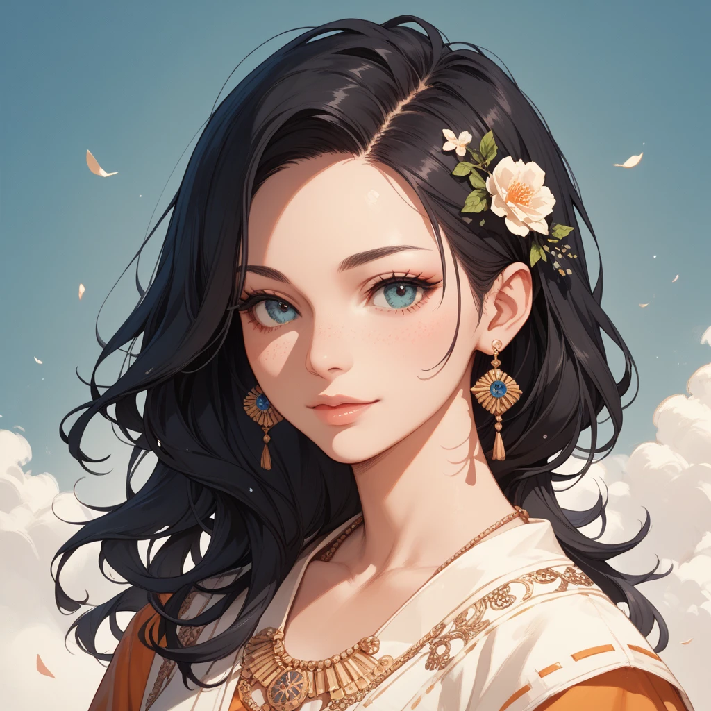 A graceful 49-year-old woman with long black hair, illustrated in a refined and gentle Ghibli-style simple background