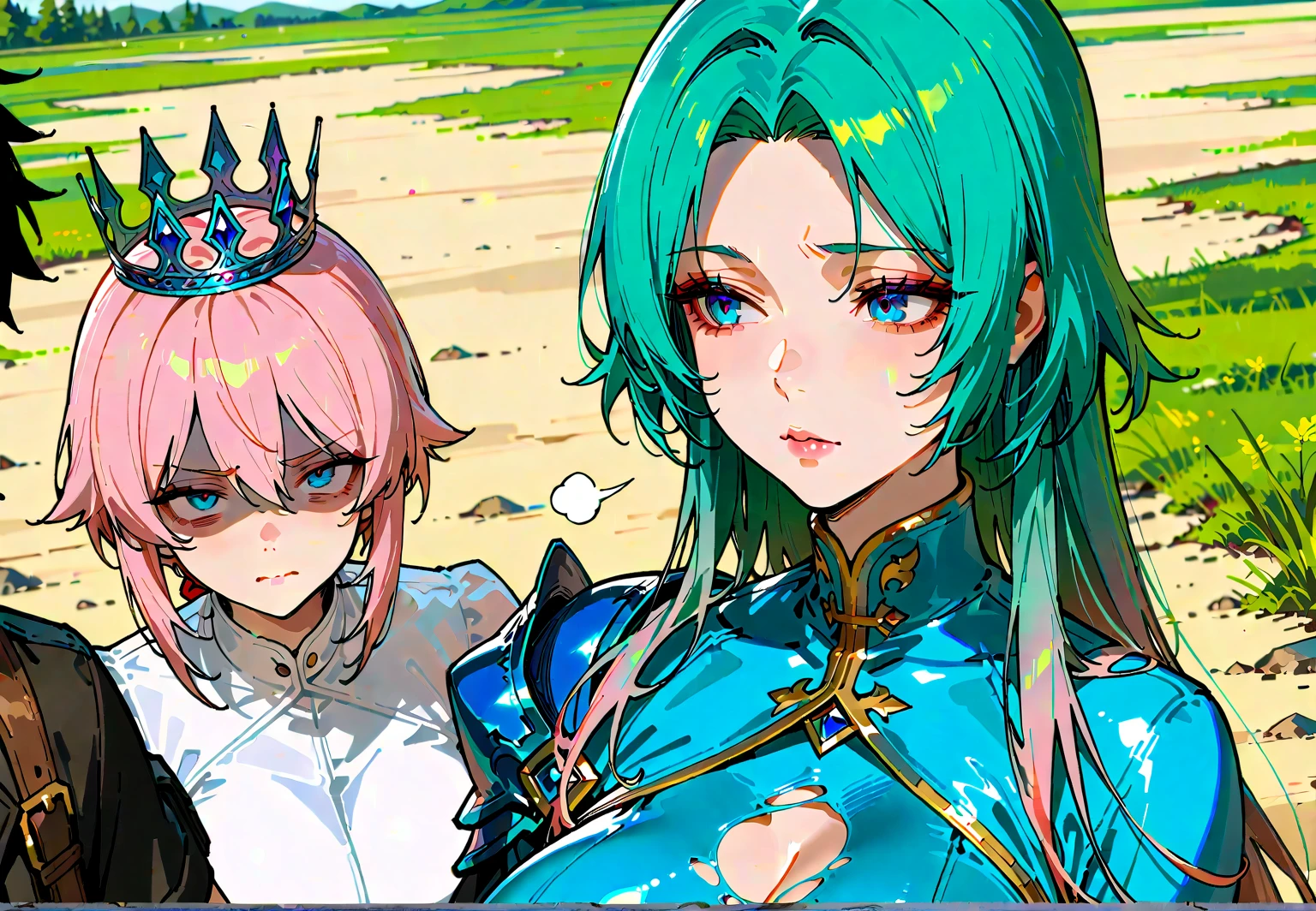 une femme, 25 ans, manga, cheveux longs, cheveux de couleur verte, green hairs, pink armor, armure de couleur rose, armure d'andromède de couleur rose, pink colored shoulder pads, pink shoulder armour, pink shest armour, saint seiya, shun, andromeda, chains attached to the arms, casque, chevalier du zodiaque, on an isolated island, falaise, pilier de pierre