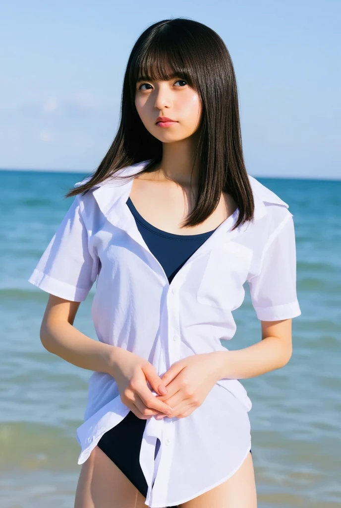 (((Top-down configuration:1.33)))、((No underwear:1.55))、One Girl、Beautiful and detailed eyes and face、barefoot、20 year old cute Japan woman, ((Extremely precise and accurate ???????:1.0)), (photo Realistic:1.4), (hyper Realistic:1.4), (最高品質のRealisticな肌の質感:1.4), (Improvement of quality:1.4), (Enhances the beauty of skin texture:1.1), Clean and glowing skin, mesh, thin:1.2, (Realistic:1.3), Realisticなライティング, (Smoother lighting:1.05), (Improving the quality of cinema lighting:0.9), Backlight, A gentle light on your face, Ray Tracing, (Bright light:1.2), 32k, One Japanese woman, fine grain, Detailed face, (Film Grain:1.1),(Accentuates body lines:1.1), High resolution, Natural look, Kind eyes, Improves hair quality, Delicate light and shadow, Transparent muscles, Graceful pose, Beautiful Eyes, Sharp details, Soft light reflection, Beautiful contours, Delicate skin tone, Fine hair texture, Natural background, (((sunny day、Beach、A strong wind is blowing、Her hair and skirt are flying、Squat, Traditional navy blue sailor uniform、Open shirt、Pleated skirt、Scooping seawater with hands:1.25、splash、Sandy Beach、Light of the sun、clear blue sea、The waves crash quietly、Blue sky and white clouds、green mountain々、Beautiful Nature、The joys of youth)))、