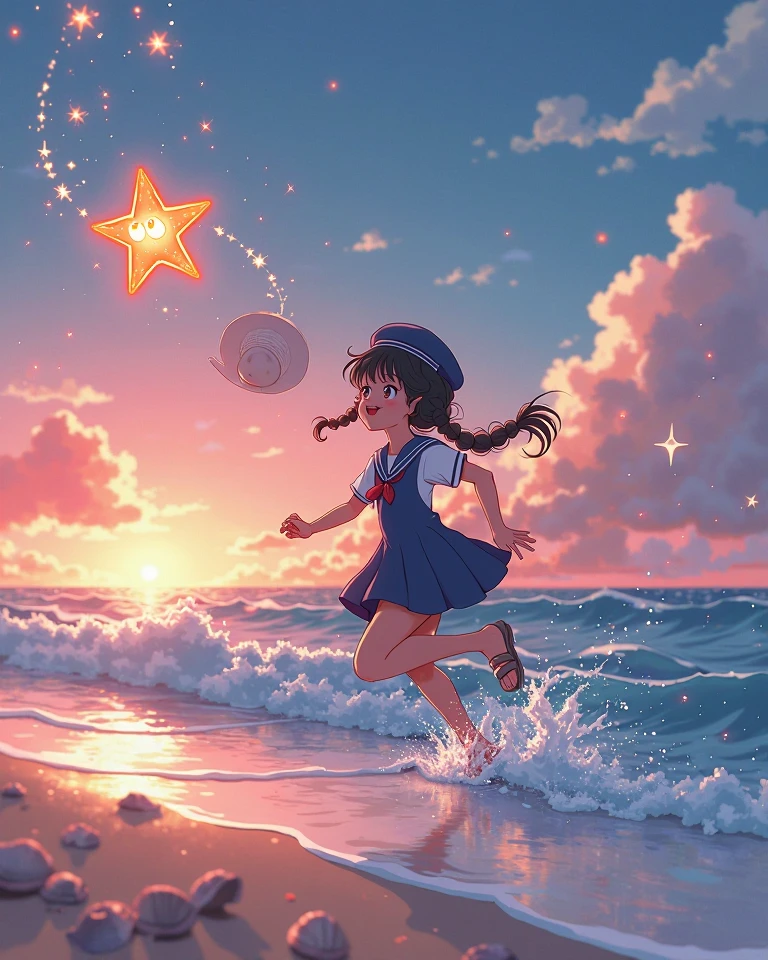 A cute manhwa-style girl with long twin braids and a sailor-themed dress runs joyfully along the shore at twilight, chasing a glowing, magical starfish with big eyes and sparkling trails. The ocean reflects pink and orange hues of the sunset, with whimsical cloud shapes and soft waves. Her hat is flying off in the wind, and tiny enchanted seashells float beside her.
