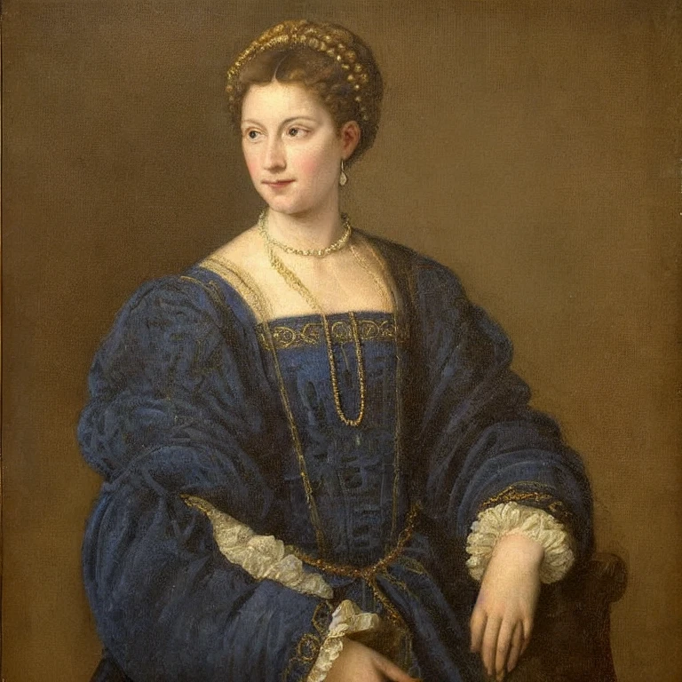 A 1520s oil painting on cracked canvas of a noble lady from the French Renaissance. She has pale skin, grayish-blue eyes, and chestnut brown hair styled in a tight braided updo beneath a pearl-encrusted French hood. She wears a celestial blue velvet gown with gold embroidery and wide puffed sleeves, a heavy gold necklace, and a fur-lined mantle. Her posture is formal and rigid, with a distant, emotionless gaze. The background is completely dark and shadowy, with strong chiaroscuro lighting. [Extremely aged oil painting, craquelure, old canvas texture, visible brushstrokes, faded pigments, antique European portrait, museum artifact] [NO photorealism, NO digital art, NO smooth skin, NO makeup, NO glossy lighting, NO photography, NO CGI, NO modern style, NO anime, NO filters]
