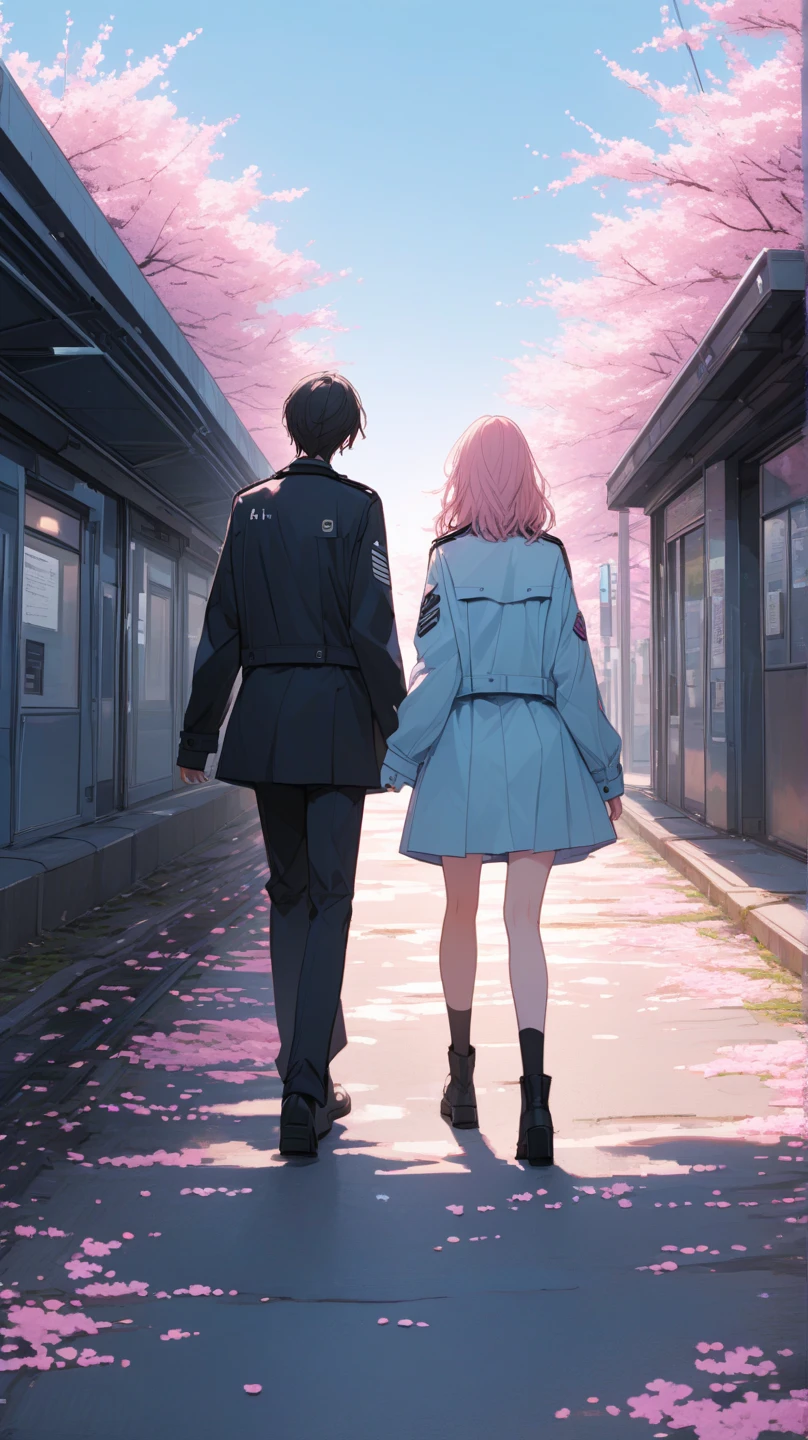 Create an image of a dark, foggy forest path. On this path, there are three characters in anime/manga style: one character is standing in the foreground with their back facing the viewer, wearing a and carrying a bag. Further down the path, there are two characters boy and girl holding hands The foreground character appears to be observing the two characters in the distance.