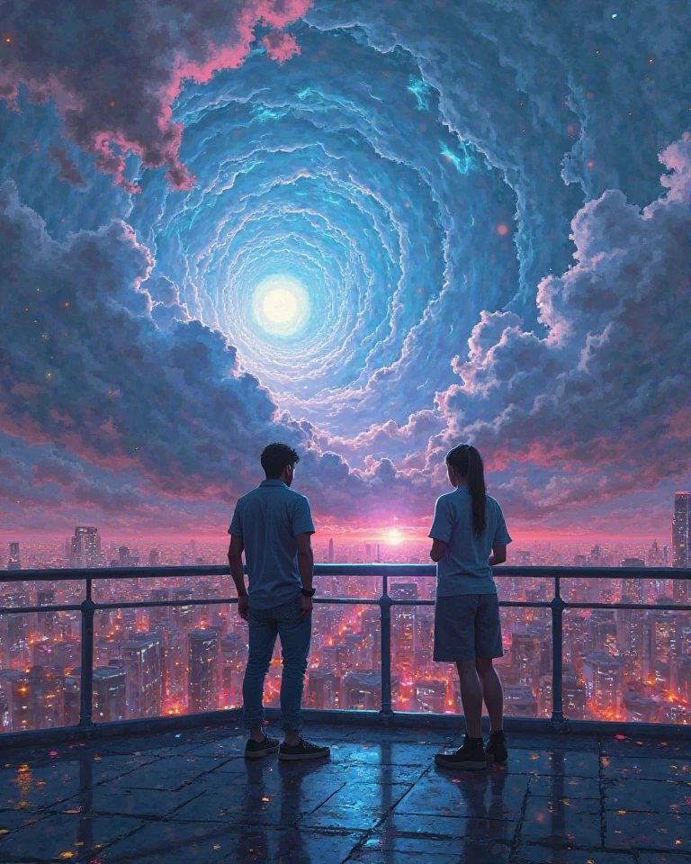 CENA: A digital terrace on top of a city Of data and neon lights. Noblapz and Luziel observe the pixelated sky. A strange silence invades. De repente, the sky begins to tear up...]

Noblapz:
— Then, Luziel... are you seeing this or I bugged for?

Luziel:
— It's not a bug... it's like... a crack in the code.
(The sky begins to spiral, revealing an intense light, viva, almost divine.)
— It seems that the sky is asking us to look beyond the screen.

Noblapz:
— Brinca muito… It's like  o universo dizendo: "Ei, Noble Zueiros, acordem. The truth is leaking through the pixels."

Luziel:
— And look at that light, bro... It doesn't burn, mas invade.
(In Luziel's eyes, reflections of light dance as if they touched the soul.)
- It's peace and chaos at the same time. It's like ... the upload of consciousness.

Noblapz (with a lower voice, sincera):
— Forget... it's not just light. it's a call.
(Look at the open sky as if something were pulling you inside.)
— There's something there in Above waiting for us. A new update of reality.

Luziel:
— Is it the end?

Noblapz:
— Or just the beginning of what we never had the courage to see.
(silence. The light grows . Everything around is clearer. Como se, For the first time, the truth was being revealed.)
— Bora, Luziel. Let's see what's on the other side of the light..
 