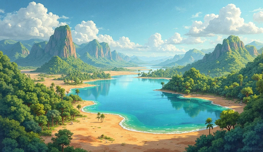 Watercolor art, lush islands transitioning to deserts, deserts transitioning to jungles, jungles transitioning to plains, plains transitioning to taigas transitioning to a lake, Perspective image, minecraft style, High definition, HD