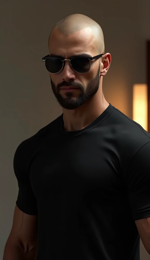 a very handsome man, with sunglasses, with a Mid fade haircut, massively muscular, with massively large muscles, wearing an orange shirt, seen up close