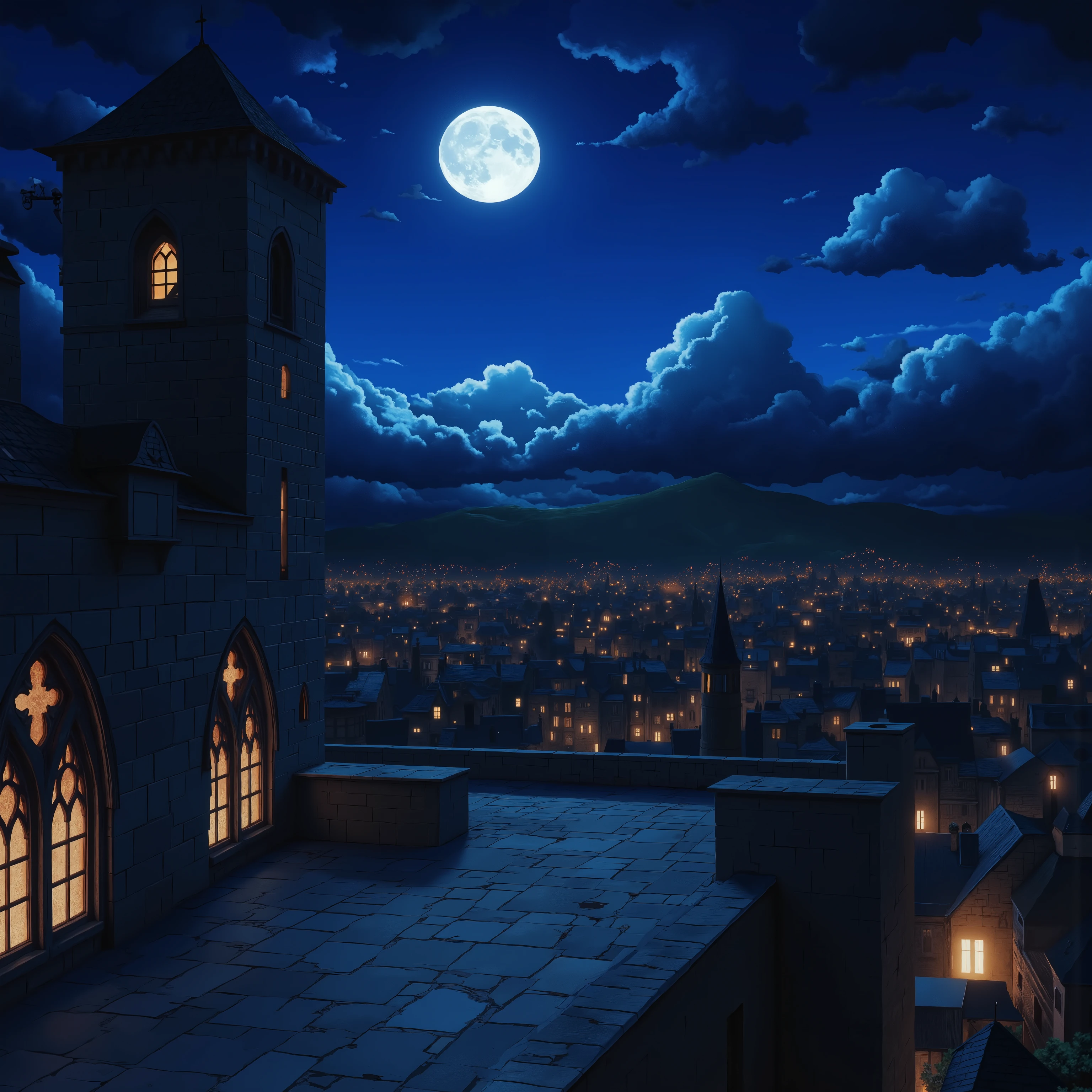 a moonlit castle rooftop at night, empty stone terrace with arched broken windows, full moon illuminating the scene, distant hills under a deep blue sky, cold atmospheric lighting, medieval gothic architecture, cinematic composition, soft shadows, gentle moonlight glow, quiet and mysterious mood, high detail, anime-inspired style, Makoto Shinkai atmosphere