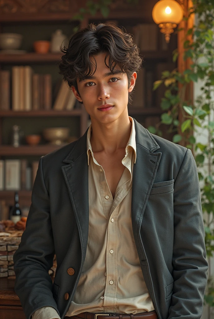 A young boy age 17 - 20, light brown skin, small messy hair, dressing old money style clothes