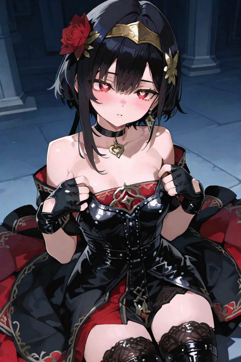Close up, fantasy world, medieval, night, cave, dark, stone brick walls, bed, adult woman, dirty, vampire, medium brown hair, short ponytail, red eyes, fangs, evil, intimidating, predatory look, evil smile, black tunic, black dress, cleavage, boots, stockings