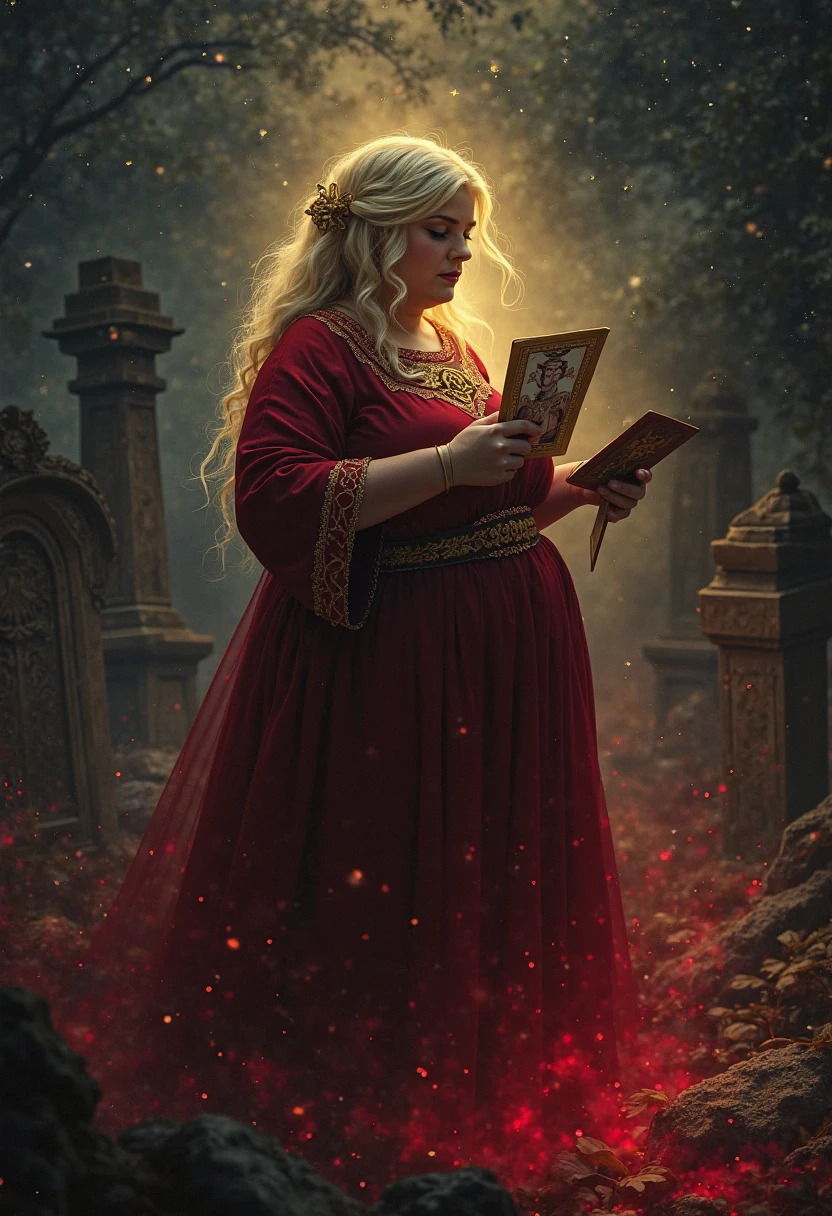  a chubby woman, powerful and mystical, with long blonde hair, wearing a dark red flowing dress (sem decote), with gold details and mystical elements. It is in profile or slightly turned on its back, holding spiritual cards in her hand. The scene takes place at night in a shady cemetery, with ancient tombs in the background, creeping red mist and a faint golden aura surrounding it. The sky is dark with faint stars. The atmosphere is spiritual, enigmatic and intense, with color palette in black, red and gold. Highly realistic style ready to print
