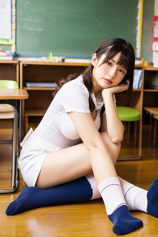 A beautiful woman with long black hair, white skin, a sexy and perfect body, dressed as a hot bunny, posing with her legs open, lying on a table, in a Japanese University, Her face is excited and her hands touch her tits, 