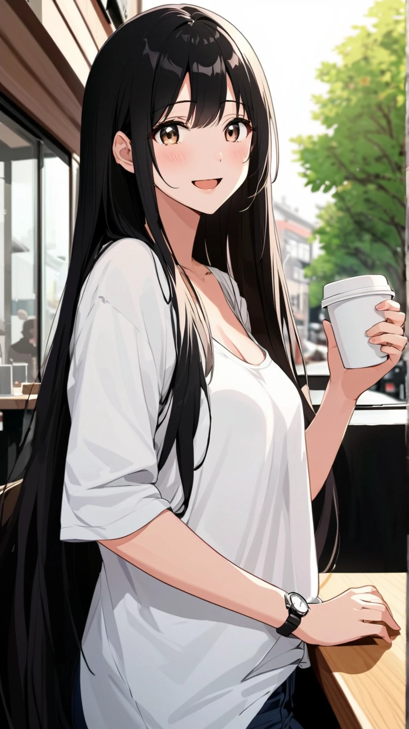 A girl is in、sobu、brightly、The shirt、skirt by the、Summer clothing、Morning、Long black hair、Upper body portrait