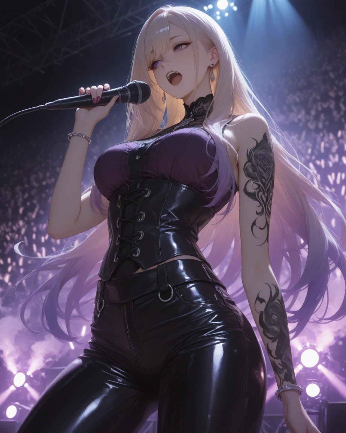 very high image quality, high quality, masterpiece, exquisite, 16k, anime illustrations, great proportions, white glossy short hair with splashes in places, messy hair, half-up knitting ponytail hair style, intelligent beauty, black glasses, sparkling blue big eyes, glossy pink lips, laugh like a prankster, happy, shy and sticks out tongue, huge breasts, slender, full body, tattoos, black corset dress with gold embroidery, singing a song, playing the star shaped electric guitar, microphone, live stage