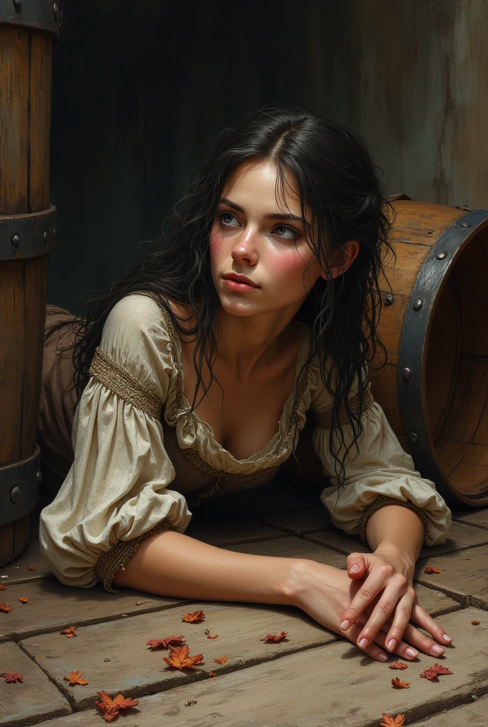 A human woman with a beautiful face with a noble bearing but with her clothes torn and looking hungry. It is lying on a wooden floor next to an overturned and open wooden barrel. In fantastic medieval drawing style