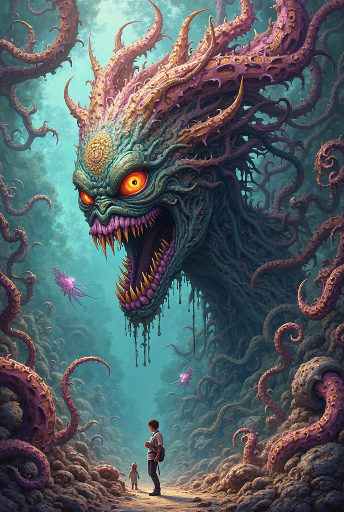 (best quality,highres,ultra-detailed),alien creature portrait,octopus-like,large size,beach landscape,alien green water sea,five glowing eyes,spiky tentacles,colorful scabrous skin,red sky,portrait,horror,concept artists,vivid colors,sharp focus,studio lighting