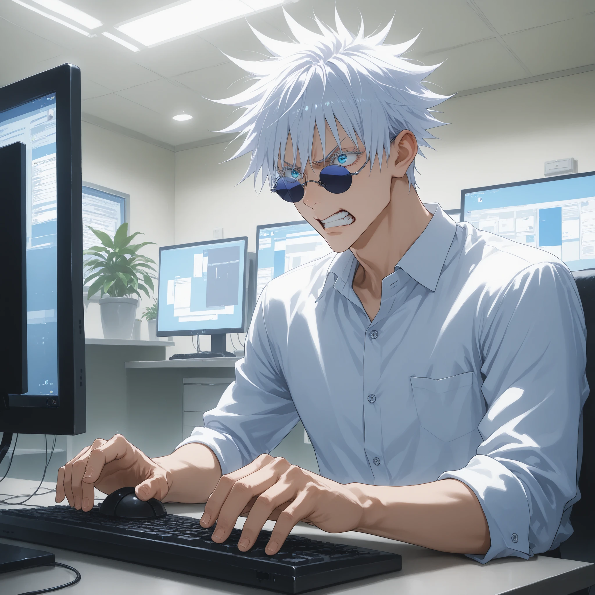 score_9, score_8_up, score_7_up, source_anime,1boy,gojou satoru, jujutsu kaisen, white hair, short hair, spiked hair, blue eyes, colored eyelashes, sunglasses, hair between eyes working a office job, 8K, masterpiece, ultra-detailed, HDR, physically-based rendering,looking at computer screen angry, office cubicle, sitting at desk, typing on computer, focused expression, dressed in business casual attire, surrounded by office supplies, potted plant on desk, overhead lighting, ambient office atmosphere, professional corporate environment
punching computer screen \(computer\), angry, upper body,