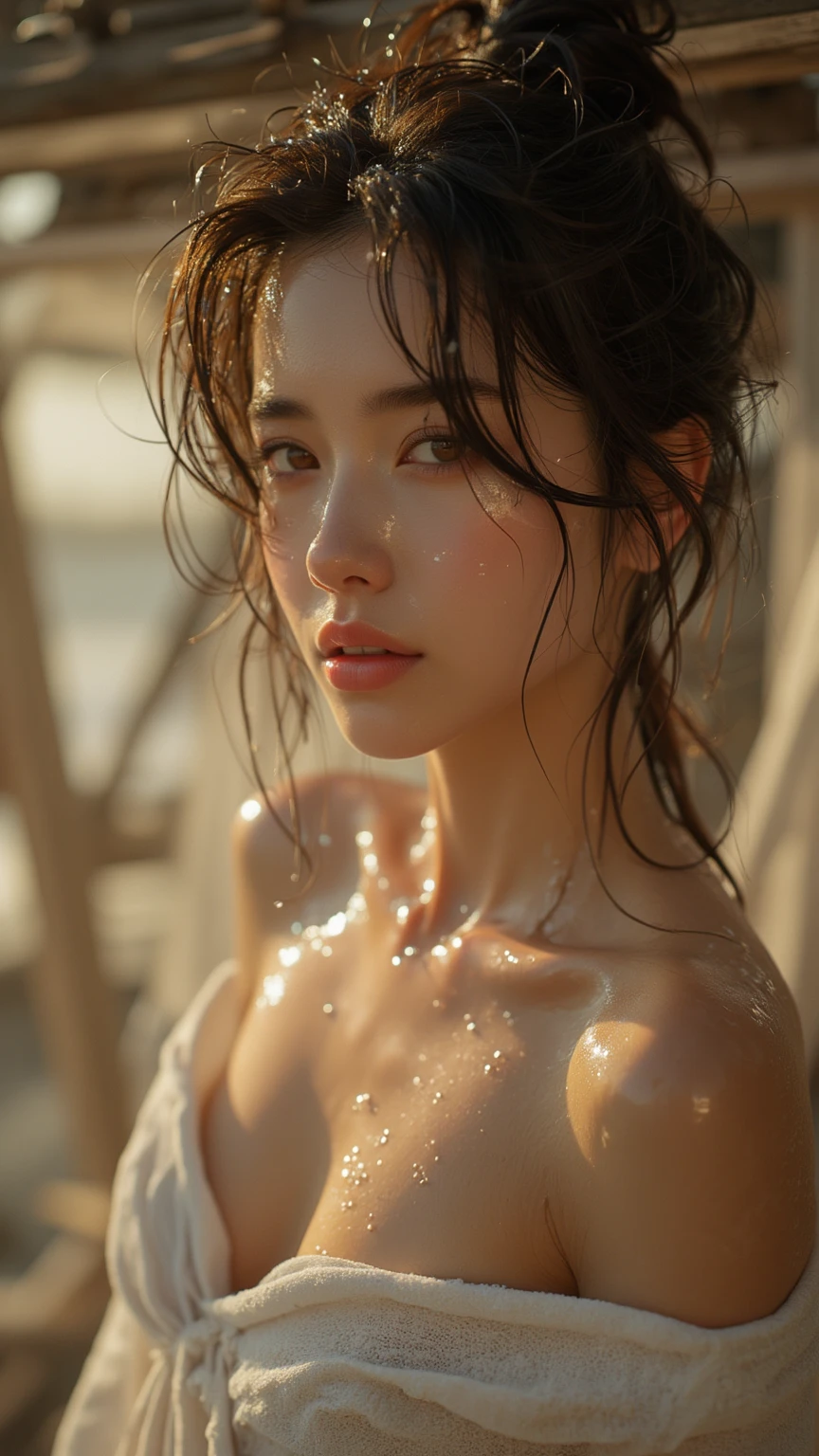 (in 8K、Raw photography、top-quality、masterpiece:1.2)、(realisitic、Photorealsitic:1.37)、1girl in、japanes、femele、((Detailed face))、Detailed lips、(A detailed eye)、More skin、((Wet Komono))、(Detailed :1.3)、(Detailed nipples:1.3)、(cammel toe)、perfectbody、(Wet body:1.2)、shinny skin、((brown haired))、(natural soft light、snow mountains:1.4)、(Highly detailed facial and skin texture)、((Ponytail))、(bangss)、((In a blizzard))、((Closing your eyes))、(length hair)、((the morning sun))、((Looking Up))、(Expose your upper body)、Encounter with penguins、
