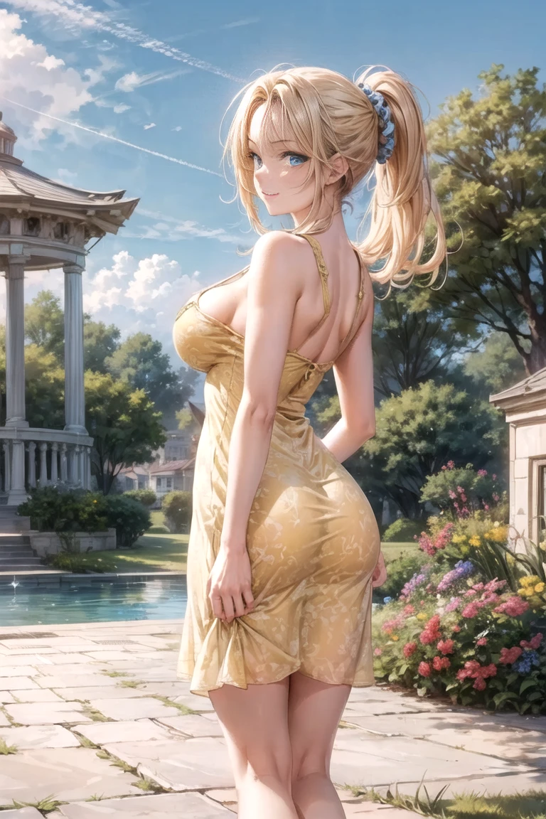 masterpiece, best quality,<lora:snvaphrodite-nvwls-v1-000009:0.9> snvAphrodite, hair flower, large breasts, wide hips, from behind, (yellow sundress:1.4), garden, greek architecture, :D