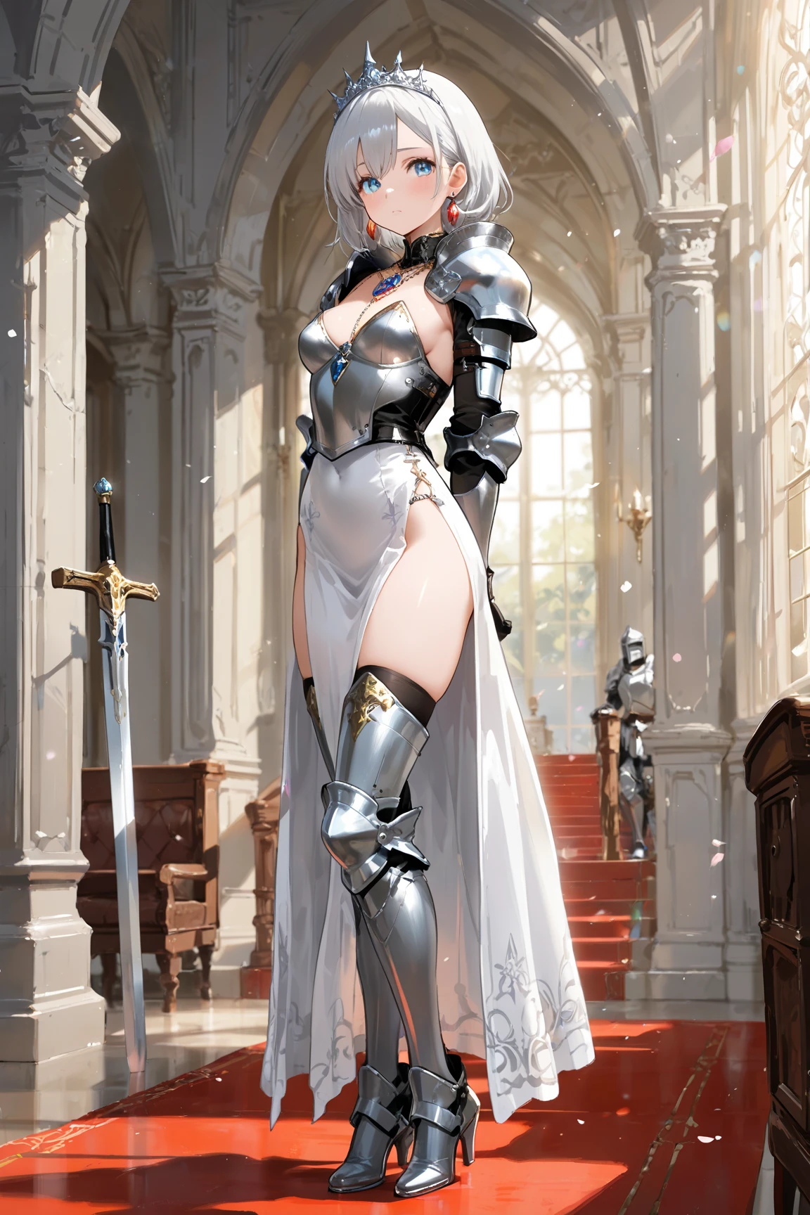 realistic, hyper detail, girls only, height: 176cm, 25 years old, dynamic lighting, ((bold imaginative poses)), (Glossy skin: 1.5), highest quality, confused, audience, ((blonde hair)), (Asymmetrical shorthair,braided hairstyles), Beautiful deep purple clear eyes, fine eyes, eyes like jewels, colorful eyes, sparkling eyes:1.3)), thin, High resolution, sharp focus, Depth of written boundary, eye for detail, clear eyes, (realistic eyes)), (palace), sunrise sky, ((He wears silver armor with intricate patterns.: 1.6)), ((D cup upward facing chest, big tight butt))
