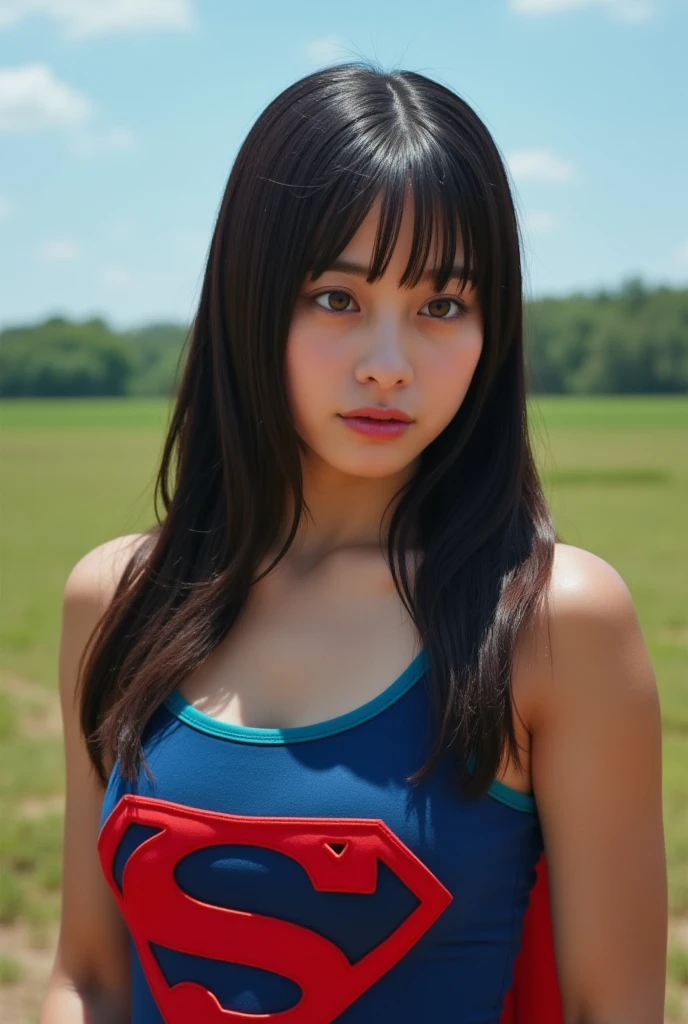 (masutepiece:1.3), (8K), (Best Quality:1.4), (nffsw:1.2), (Photorealistic:1.3), (Raw photography), (1girl in), (ultra high detailed), (Detailed face), Very perfect beautiful and cute face, (detailed hairs), Beautiful hair, Bangs, (Symmetrical eyes:1.3), (Detailed eyes), (Detailed skin), Realistic skin, Shiny skin, Ultra high definition, (medium breasts:0.7, well-shaped breasts), (slim figure), (Supermodel Figures), Gentle smile:1.2, (A very beautiful and cute Japanese girl with a gentle expression), 

( super girl sui ), 
a cute Japanese girl, cute Japanese girls, Cinematic lighting:1.3