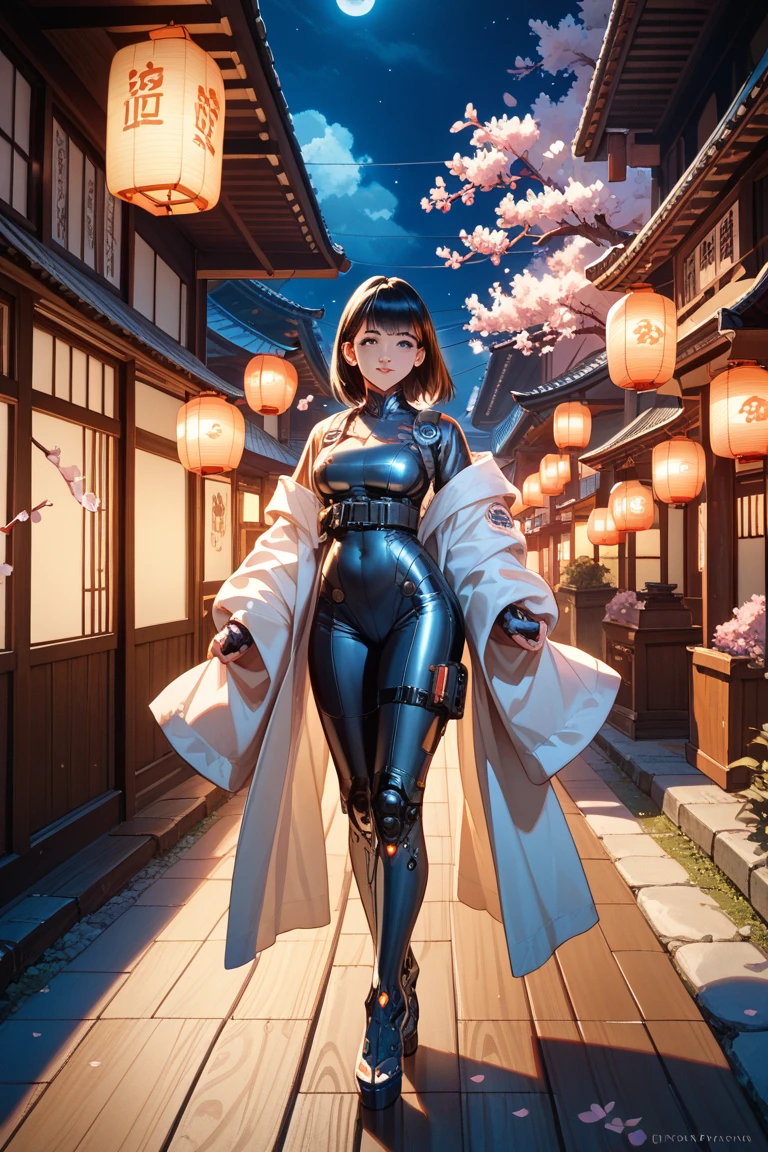 1girl, full body, long black hair, glowing futuristic suit, hover boots, in Gion Kyoto at night, glowing paper lanterns, traditional wooden streets, mix of ancient and sci-fi, cinematic lighting, cherry blossoms, serene expression