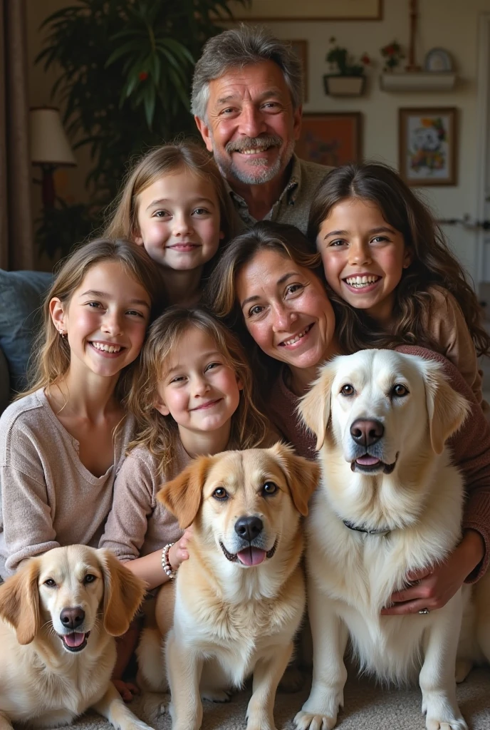 There are two people and a child sitting on a couch with two dogs, babies in her lap, with dogs, Directed by: Nandor Soldier, 2 anos, sitting on the couch, sitting on couch, imagem de qualidade muito baixa, 1614572159, by Amelia Peláez, sitting on a couch, alexa grace