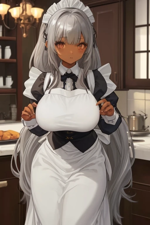 (((SHARP detail perfect face))), big breasts, (nice hips), detailed skin, ((masterpiece)), best quality, (SHARP details), 4k, ((female gladiator)), ((dark skin)), (cat ears), (cat tail), (platinum hair), (slave collar), ((wearing nothing but a (housewife apron))), amber eyes, looking at viewer, standing, (tall woman), long hair, tomboy, (mature woman), ((Woman taller than viewer)), grinning at viewer, (thick platinum pubic hair), wall, (kitchen), (facing viewer), (steam),