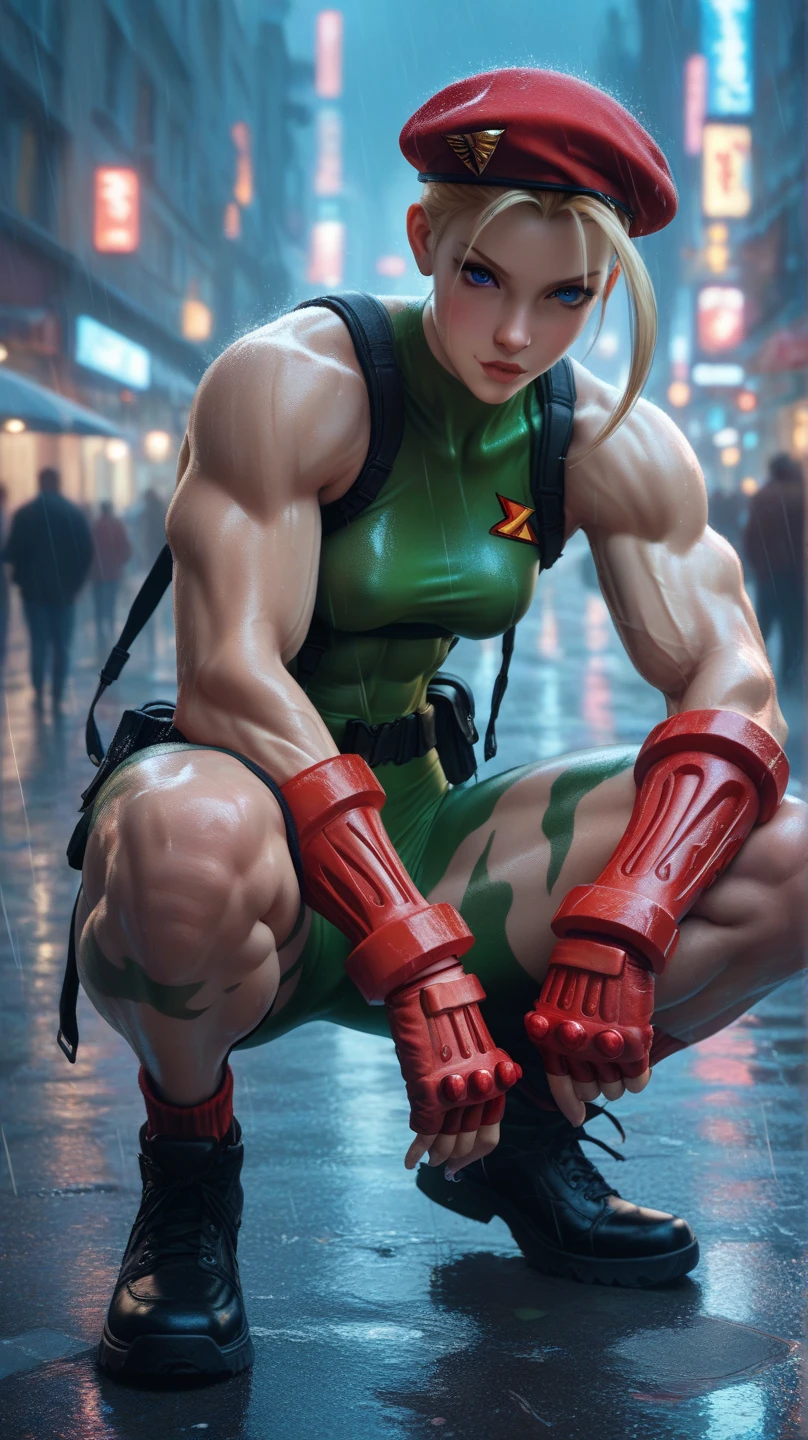 score_9, score_7_up, 1girl, solo, (cammy white):0.8, bob cut, medium hair, tank top, bike shorts, thick thighs, presenting, depth of field, breasts,