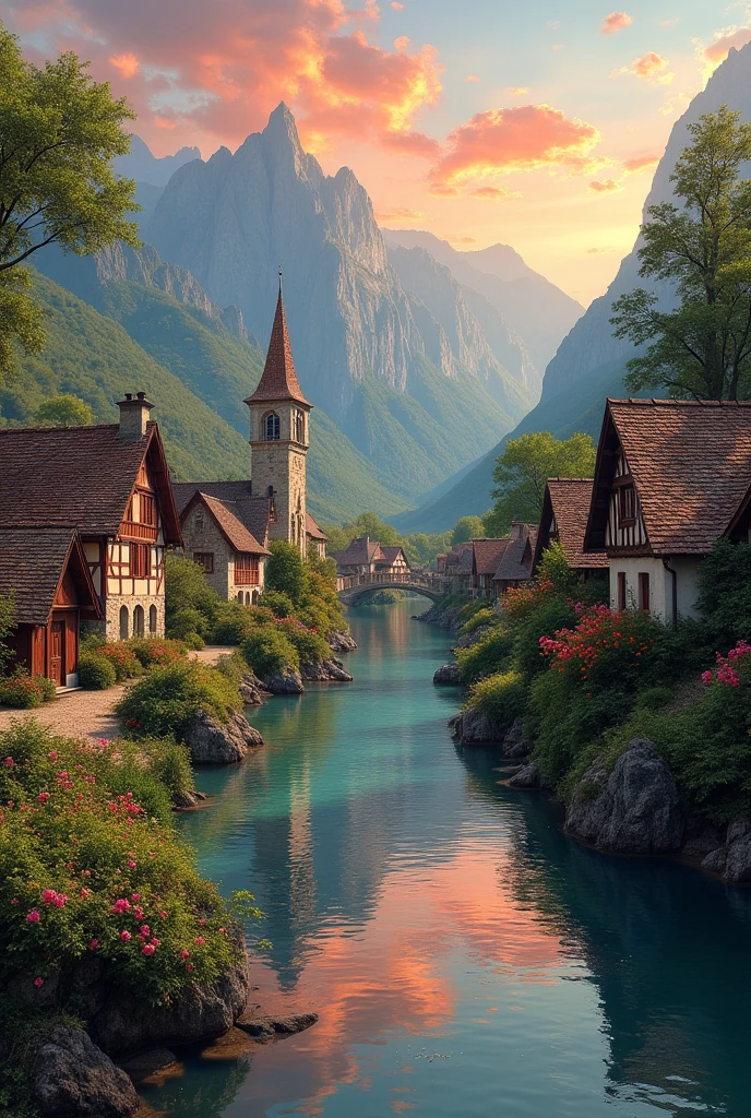 a small village by the river, mountains in the background, floral flowers colorful, detailed landscape, Beautiful natural landscapes, atmospheric lighting, scorching sunset, warm colours, practical, photopractical, Detailed Foliage, complex buildings, cobblestone street, Charming country house, swirly vibrant colors, lush vegetation, Still water reflections, Picturesque, idyllic, work of art, best qualityer, 8k, extremely detaild,a