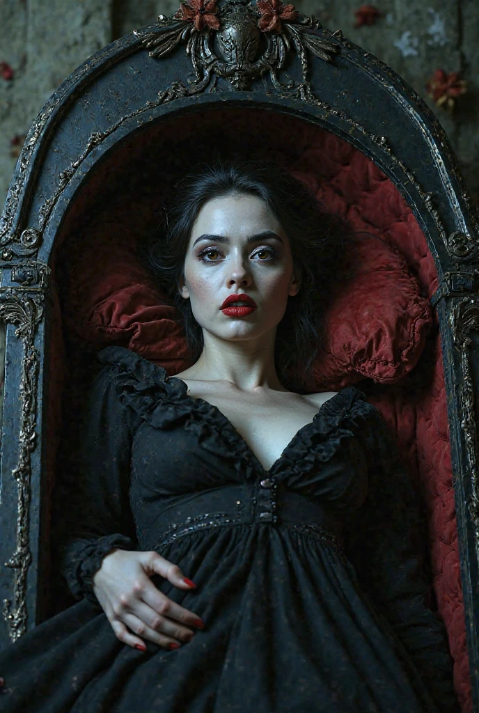 Midnight darkness envelops the ornate coffin, its black lacquer glistening like polished onyx. The Countess's face, once radiant with life, now appears serenely tranquil, her features frozen in an eternal slumber. Her raven tresses cascade down the sides of the coffin like a velvet waterfall, framing her pale complexion and striking red lips that subtly curve upward, revealing two razor-sharp fangs. The cold, unyielding marble beneath her body seems to absorb the faint luminescence emanating from the candelabras, casting an eerie glow on the scene., Gothic horror, vampiress, The erotic sleeping pose of a vampiress who is captivating even when she bares her fangs, professional, vivid colors, perfect anatomy, ideal facial features, ideally proportioned figure, perfectly beautiful body, super detailed skin, glossy skin, glistening skin, fresh white skin, Glamor, soft and curvy, body conscious, (indoors, The burial chamber of an ancient castle, a luxurious coffin lined with crimson velvet carpet), lying, upper body shot, Straight-on shot, Portrait, black long hair, Forehead, arched eyebrows, double eyelids, Closed eyes, Eyelashes, nose, nostrils, full lips, dark lipstick, glossy lips, (A slightly open whispering mouth, teeth, vampire fangs), neck, collarbone, deep cleavage, Upper breast swelling, Gigantic Breasts, shallow depth of field, entirety of sharp focus, vignette, highly detailed, high budget, bokeh, cinemascope, moody, epic, gorgeous, film grain, grainy, masterpiece, incredibly absurd resolution, absolutely resolution, ultra high resolution, Vampire Fangs,