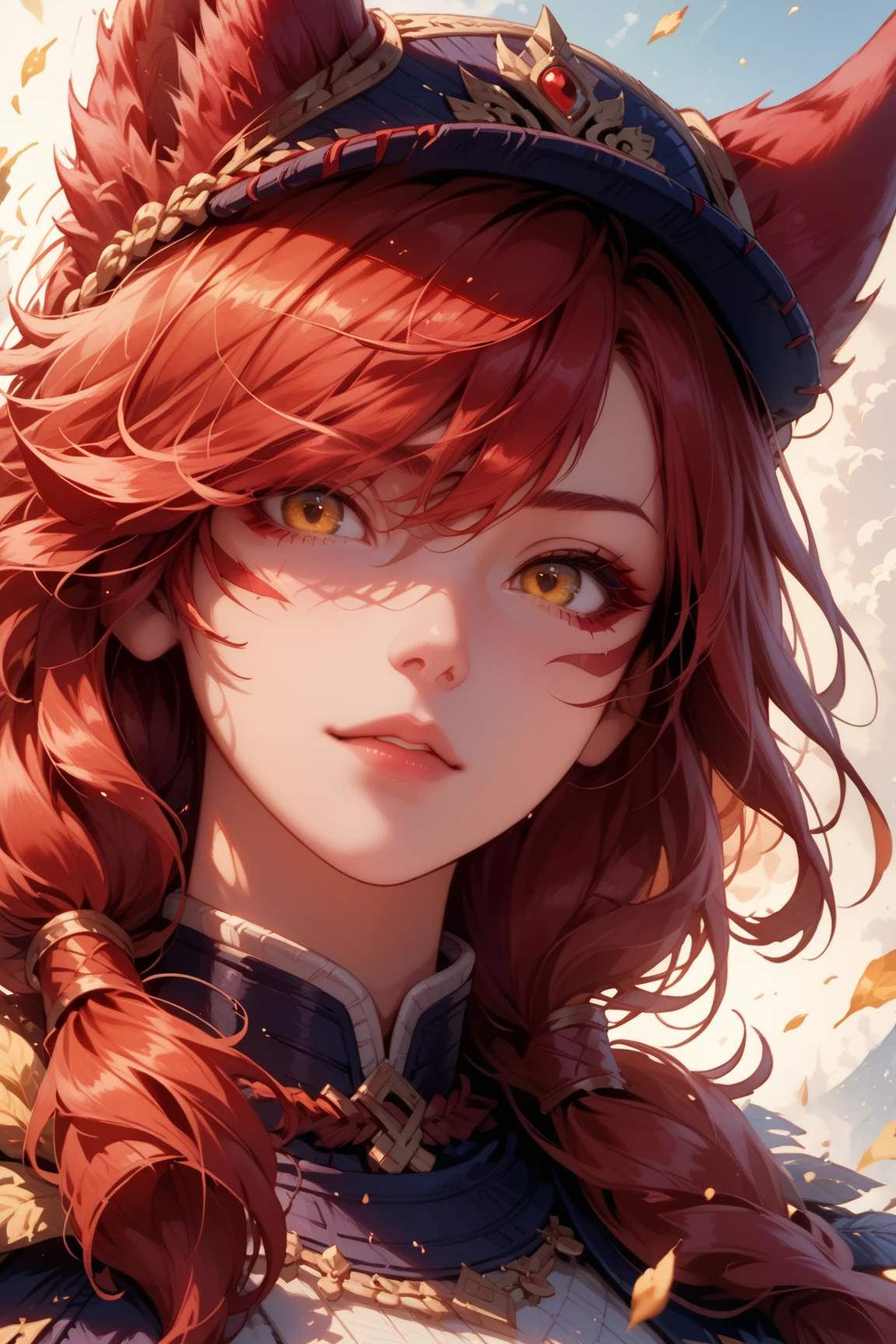 score_9, score_8_up, score_7_up, source_anime, XayahLoLXL, facial mark, yellow eyes, red hair, long hair, bangs, hair over one eye, animal ears, ears through headwear, perfect eyes, anatomically perfect