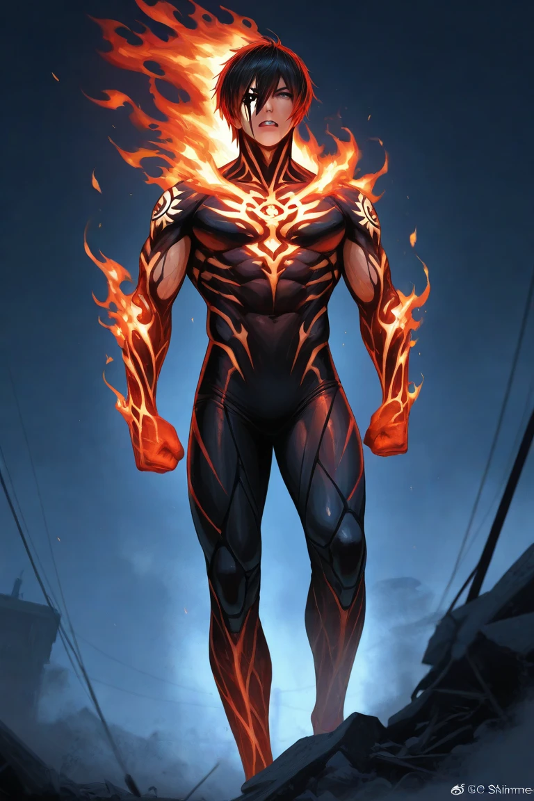 auburn hair, fair skin, hero bodysuit, glowing eyes, beautiful amber eyes, (hyperdefined), natural bright colours, unusual-angle, artwork, flames, steam, complex lighting,(fine-details:1.2), absurdres, flat-colors, ultradetailed, swirling flames around man, best quality, masterpiece, highly detailed, realistic, (detailed background), depth of field, soft focus, intricate details, 8k, cartoon, 3d, photo of a man,