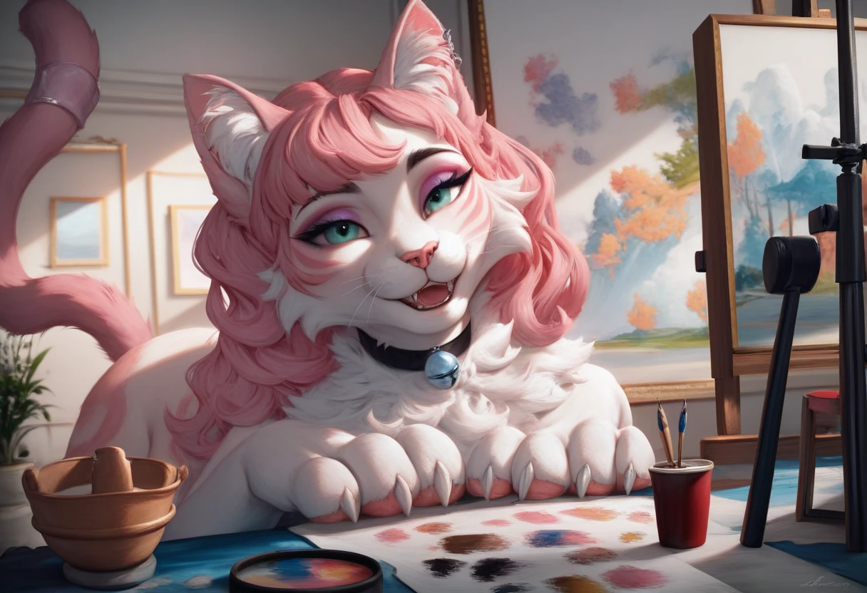 A young woman with short, curly hair sits engrossed in a fantasy novel at a wooden desk. Sunlight streams through a window, illuminating dust motes dancing in the air. A fluffy white cat with bright blue eyes curls contentedly on a stack of worn paperbacks beside a steaming mug of tea. Gentle lofi music plays from vintage headphones resting on the desk. ultra hd 8k image, cinematic.