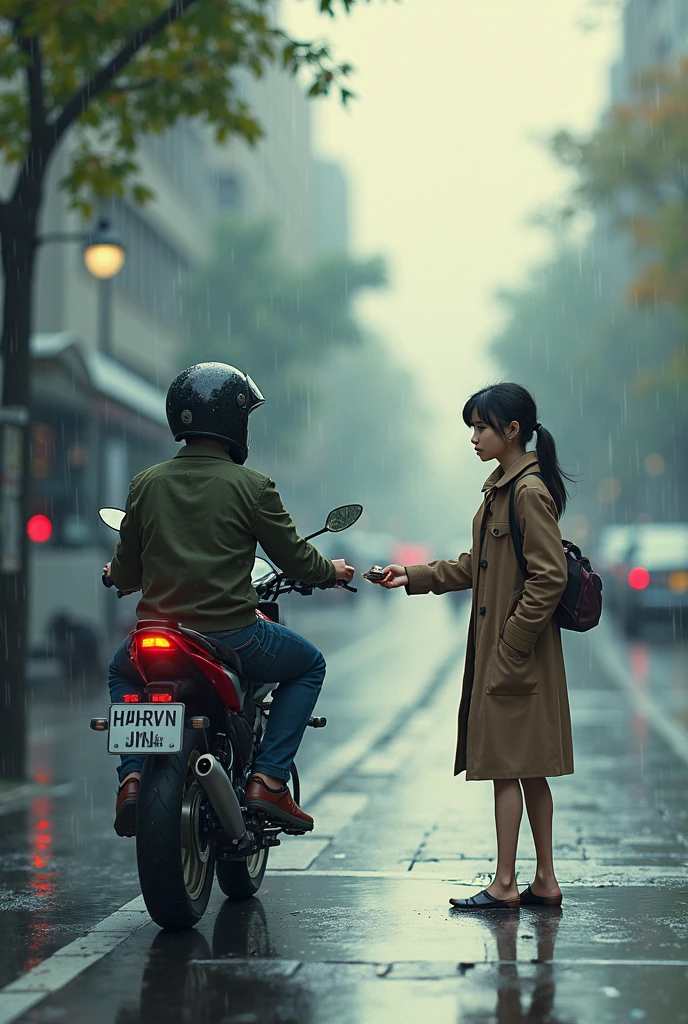 in the rain、A stuck motorbike looks up at the sky and sighs. A on the sidewalk offers him chocolate. in the line between them, there's a quiet exchange of hope and comfort.
Disney/Pixar style art