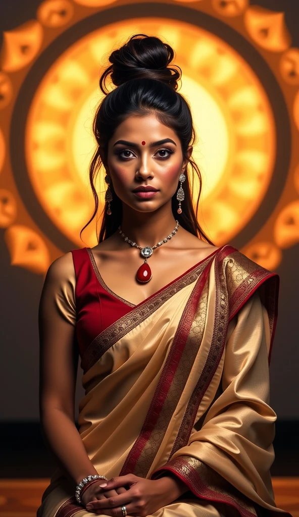 A striking Indian woman with a complete high hair bun, exuding confidence and sensuality. She wears a form-fitting, sleeveless blouse and silk saare  with subtle detailing, and sits gracefully with her hands clasped. Her makeup is bold and refined, with defined eyes, sculpted brows, and a deep nude lipstick. A unique teardrop-shaped bindi paired with a red gem adorns her forehead, and long dangling earrings accentuate her elegant neck.  navel showing realistic looks, thick thighs and round big  with brown nipples, hot figure , bold figure, clevage , lustful , She is illuminated by a glowing circular halo-like pattern in the background, adding a divine and powerful aura to the scene. The ambiance is warm and mysterious, blending modern beauty with spiritual undertones."