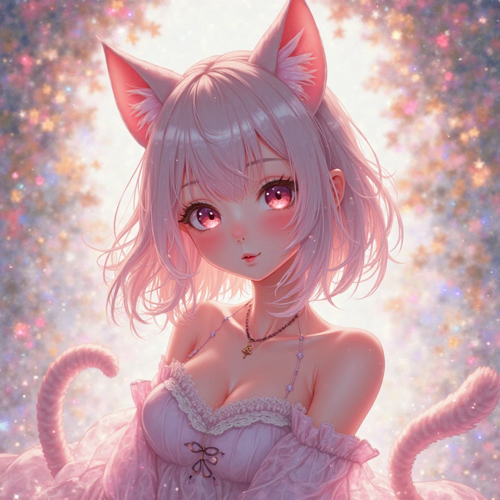 score_9, score_8_up, score_7_up,source_anime, high res image,masterpiece,best quality,girl,cute face,clear skin,white hair,short hair,pink eyes,inner_hair_pink,cleavage,cat_ears,