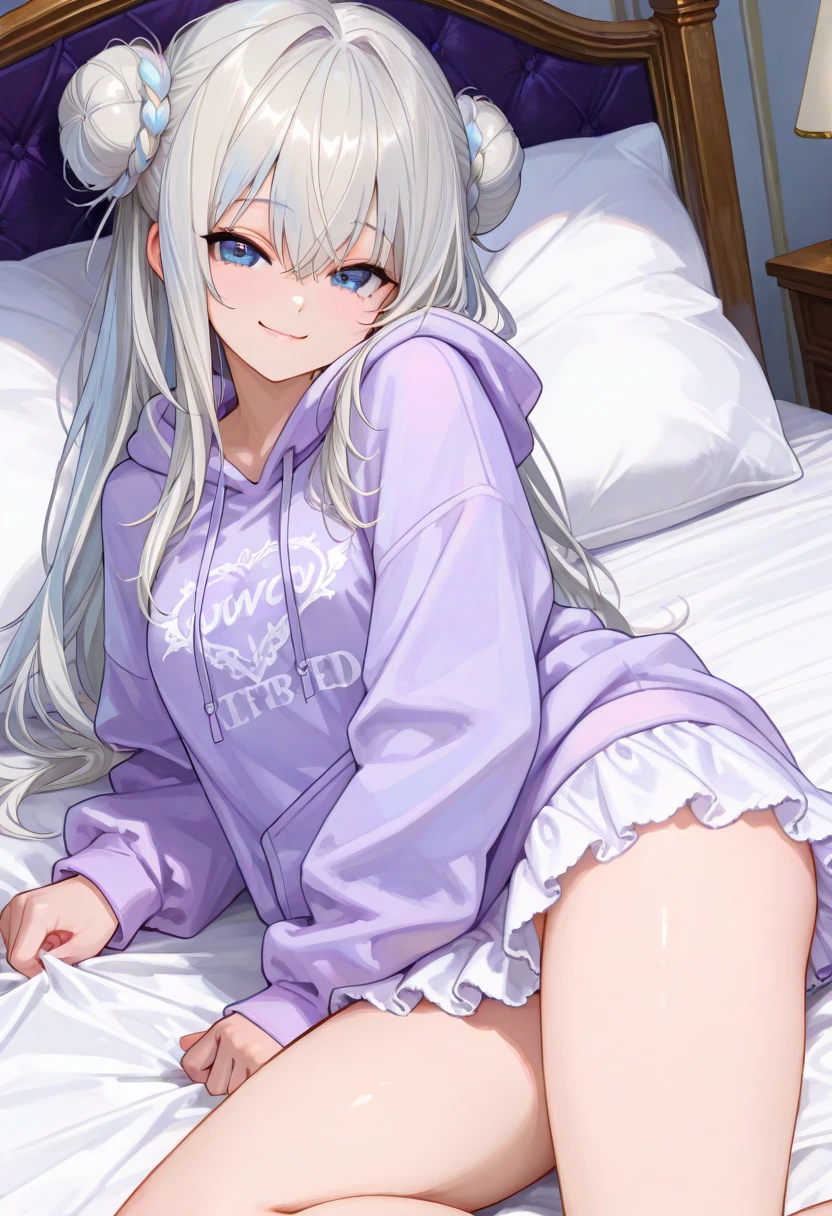 (Tabletop, highest quality, Super detailed), One Girl, Purple eyes, Blonde Hair, Dark Skin, Twin tails、((Knitted outerwear))、((pantyhose))、Denim hot pants、(Bedroom)、M-shaped sitting、(Hands behind head)、(Spread your legs)