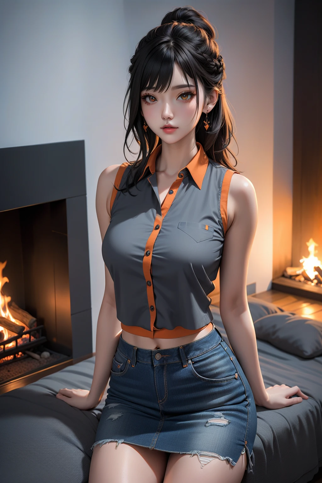 (masterpiece,best quality:1.2),Practical,Photography,Hollywood special effects style,(cartoon:1.2),solo,A woman,Detailed face,Extremely fine hair texture,Black T-shirt and camouflage pants,(Cross necklace:0.9),Above the waist,big breast,Inside an abandoned factory,Dim Lights,Construction material garbage in the background,Depth of Field,Backlight