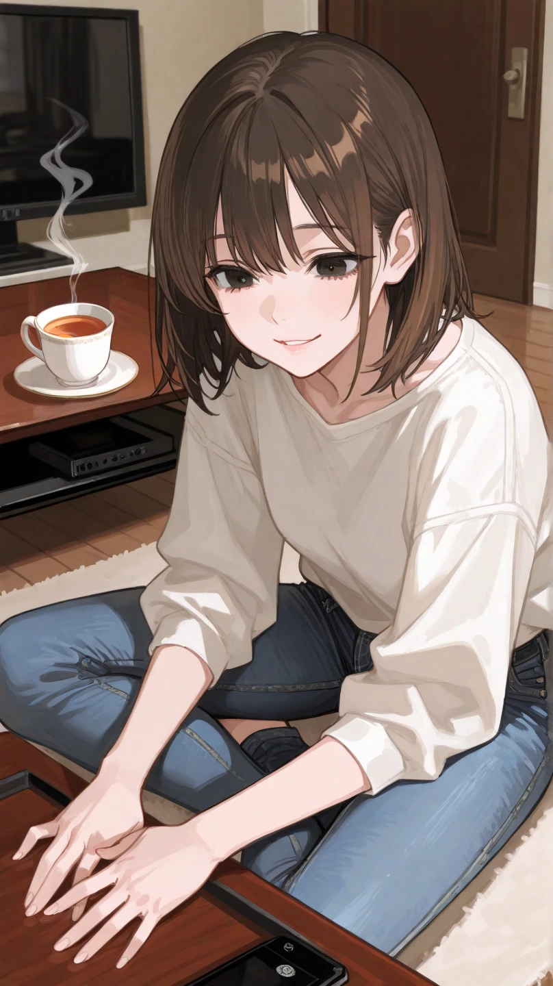 best quality, masterpiece, highres, solo, {taihou_kantaicollection:1.15}, brown_hair, brown_eyes, short_hair, headgear, headband, blush, hair_between_eyes, 1girl, alternate_costume, grey_sweater, looking_at_viewer, ribbed_sweater, smile, sweater, cup, holding, holding_cup, long_sleeves, mug, sitting, window, indoors, upper_body
