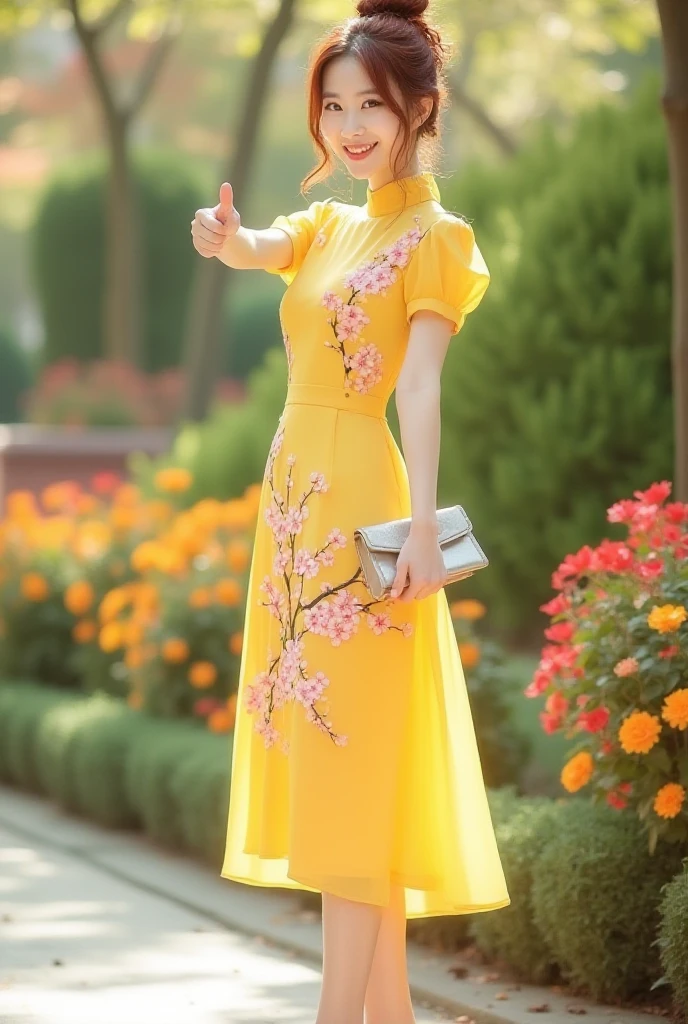 a woman in a long dress standing in front of a flowery wall, usando um longo vestido florido, vestido com um vestido de flor, senhora com vestido de flores brilhantes, usando um vestido elegante, vestido flor, vestido aberto, Flowing dress, Wearing a flowing dress, roupas florais, Mai Anh Tran, vestido florido, vestido com roupas longas e fluentes, mulher no vestido