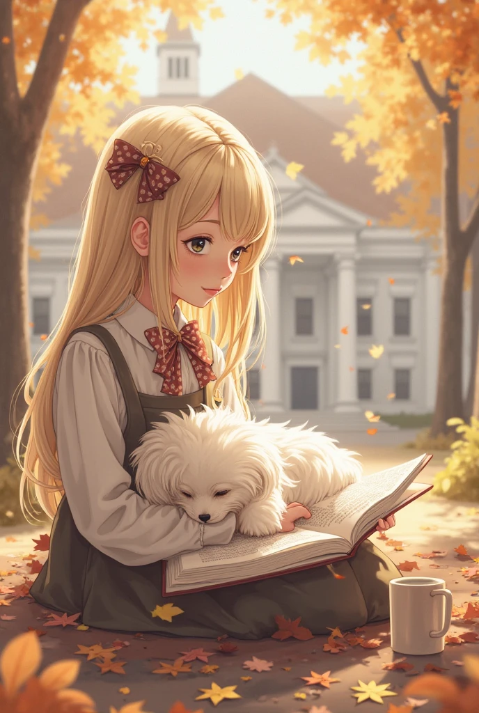 a blonde girl with a bow from a white academy is reading a book. she has a white, long-haired chichauhe on her lap. it's fall and she has a cup of coffee