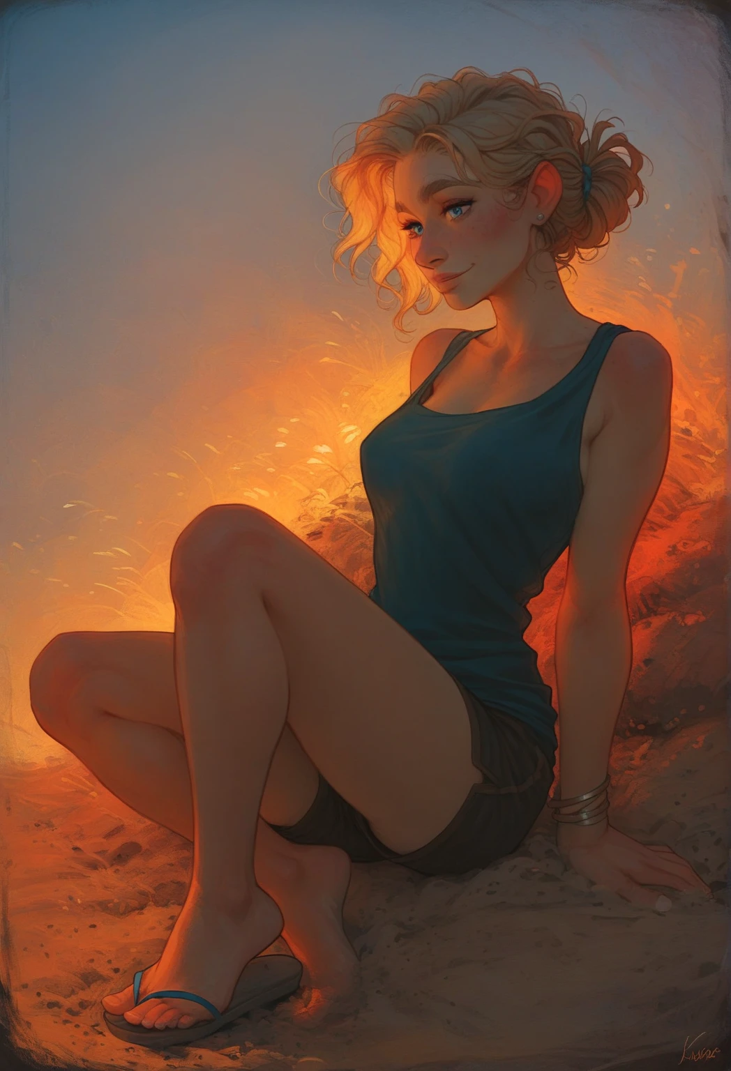 1 woman, 40 years old, on a beach with sand and gentle waves, the woman has fair skin with a warm undertone, the woman has blue eyes with faint laugh lines at the corners, the woman has smooth skin with a light sun-kissed glow, the woman has a small straight nose, the woman has full lips with a natural pink tint, the woman has a calm and content smile, the woman has neatly arched light brown eyebrows, the woman has medium-length blonde hair tied in a loose low ponytail, the woman has a fit and toned build with a slim waist, medium bust, and defined legs, the woman has a navy blue tank top with thin straps, the woman has black high-waisted athletic shorts, the woman has white flip-flops with a subtle shimmer, the woman has a thin silver bracelet on her right wrist, the woman has a detailed face with a relaxed and approachable vibe, the woman has a detailed body with a strong and natural presence.