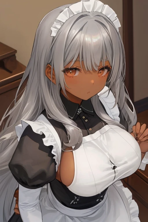 ((((masuter piece、top-quality、Long body、silber hair、large full breasts、Split abs、Brown skin color、perspiring、The front door of the house、Maid appearance、A charming expression、Great look))))、Silvery hair、verd s eyes、(((Very marked camel toe)))、(((Pose with emphasis on the chest)))、(((((Black skin、natta))))),((((darkskin)))),((sun burn))、Realistic skin type、an anime girl、Detailed Digital Anime Art、A seductive anime girl、extremely detailed art germ、a hyperrealistic schoolgirl、Ilyakukvshinov、Smooth Anime CG Art、Ultra Realistic Woman、ig model、ArtGerm、photo-realistic anime girl、digital anime art