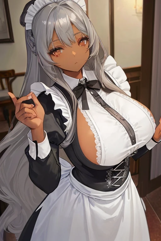 red eyes, (highest quality, masterpiece絵画:1.3), mature woman, 26 years old, (half body shot), masterpiece, Super high resolution, (Photoreal:1.0), silver hair、straight hair, Shiny and beautiful hair, white and shining skin, ((Super realistic details)), octane rendering, highly detailed face, (big breasts:1.0), ((maid)), (黒maid服),((black mini skirt)), (flip up the skirt), (tight pussy:1.0), Wet,cleavage, perfect body, soft skin, anime face, perfect face, perfect eyes, looking at the viewer, smart, coffee shop,sharp focus, intricate details, professional artwork, (Bright colors:1.1), Bright colors, diffused lighting, digital blending, Super detailed body, ultra detail hair, super detailed face, It's trending on pixiv, top button opened, shy girl, Cute gaze, compensate, perfect lips, perfect compensate, Super precise painting, (light_smile:0.8), Very embarrassed, blush your nose,