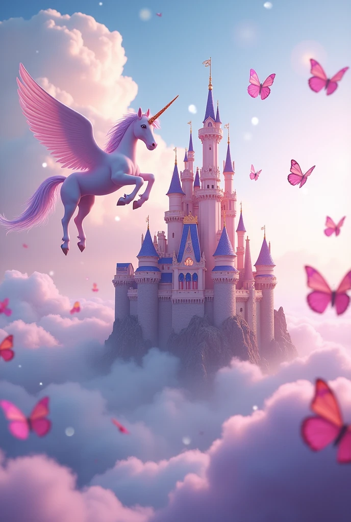 Pegasus sitting on pink clouds and behind a castle of sweets
