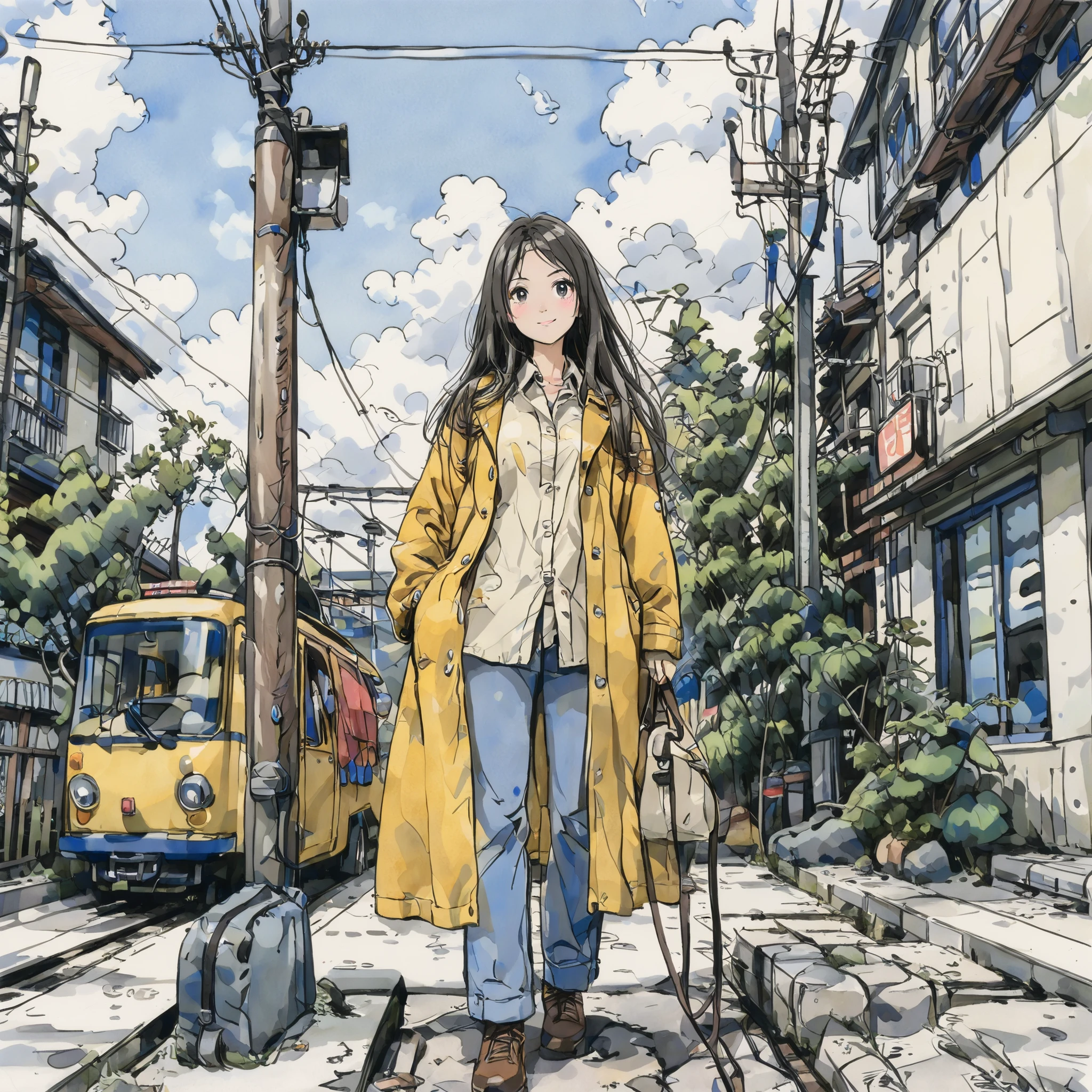 1 girl, solo, long hair, brunette, Outdoors, smile, null, day, stare at viewers with pretty big breasts, bag, blue null, cloud, ground vehicle, brown eyes in the oral vagina, Power cord, standing, yellow coat , Electric pole, white shirt