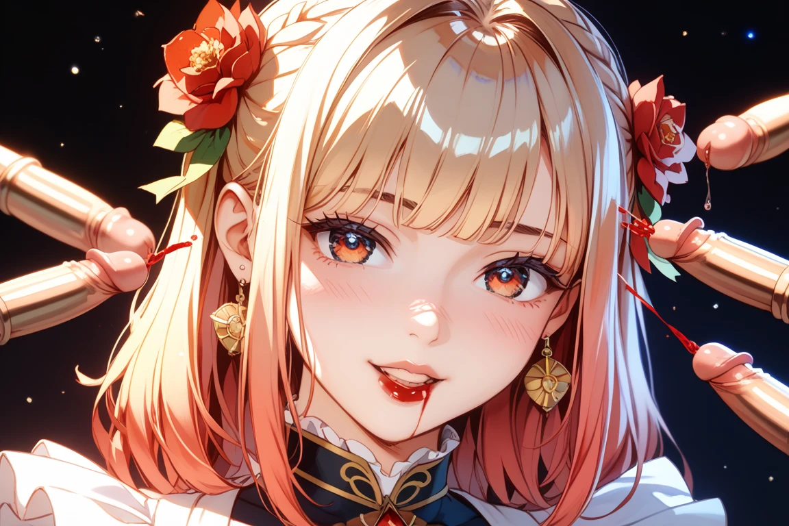 (Fine, beautiful eyes and detailed face)、cinematlic lighting、bustshot、Highly detailed CG Unity 8K wallpaper、(top-quality、hight resolution、8K、masterpiece:1.2)。Curvaceous but slender、Muchimuchi Body、Red spider lily field、Red modal lilies are blooming all around、Red Spider Lily、Grinning Woman、Red spider lily sits in the middle of blooming。With a somewhat horror look、Eight teeth are characteristic。Wear bloody clothes、Has an ax。Crazy looks and the gap between her and Red Spider Lily、Further enhance her beauty。Half-garment hoodie、accessorized、Mole、eyebrows、double tooth、canine teeth、poneyTail、Muscular nose、Clear, Detailed green eyes、blondehair、Hats、Uniforms、red blush、short-haired、a choker、fleshy lips、Physical beauty、well-muscled、Raise headband bangs、Oforehead、Mysterious fashion、Street fashion、Anime style、animesque、Oversized trousers、Unreal、Fashion based on green and black、Backgrounds with depth、The background is a field of bright red lilies、10,000 Red Spider Lily。a necklace、Braceletisanga、arm band、colorful backdrop、Light and Wall Co-star、Little black cat clinging to his shoulder、Original face、(dark themed:1.3)、Dark Fantasy、With a red spider lily in her mouth、