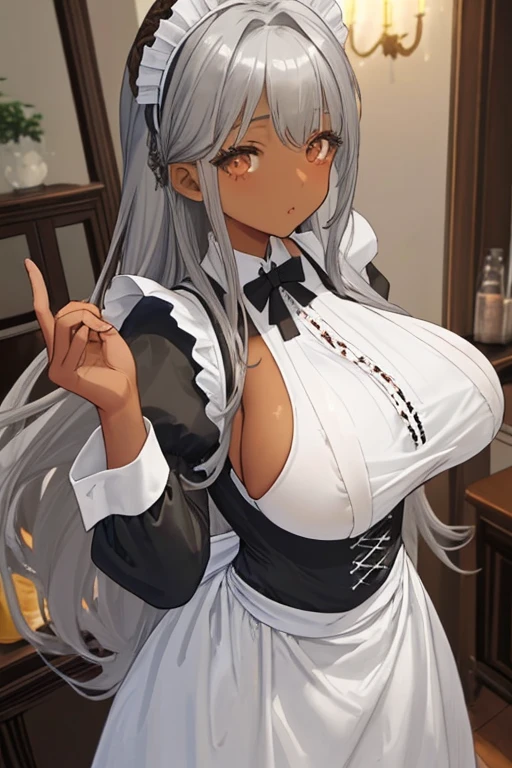 high resolution、high quality、Beautiful woman with both hands tied behind her head、Arms tied with ropes、Show both sides、Big 、Bobcut、Very embarrassed、indoor、Silver Hair、Sweat flying、Black and white maid outfit、Thighs、Short skirt、blush、Straight Hair、Plump breasts、Big cleavage、