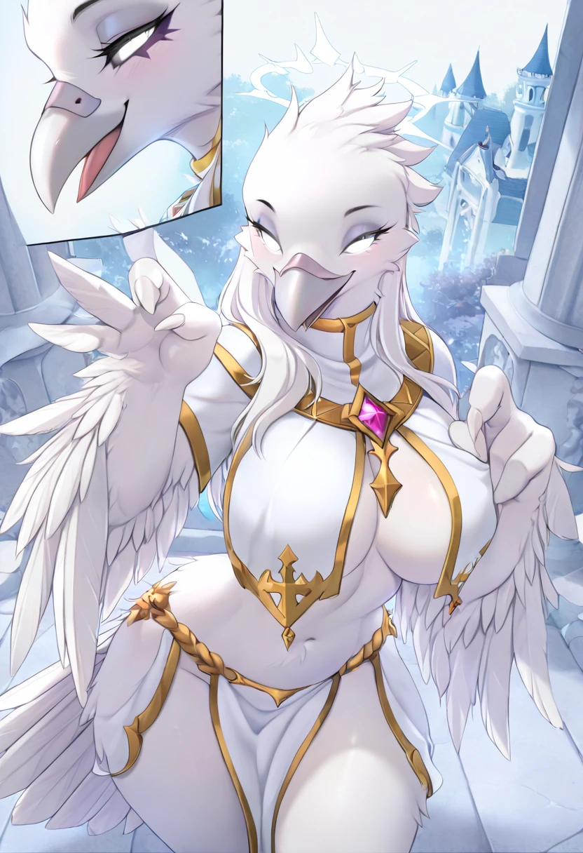 closeup of anthro furry white dove female, noble, diplomat, (naked), topless, medium breasts, blue sky background, thick white feathers, white wings, pink eyes